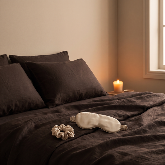 Satin eye mask and scrunchie on a bed, evening scene