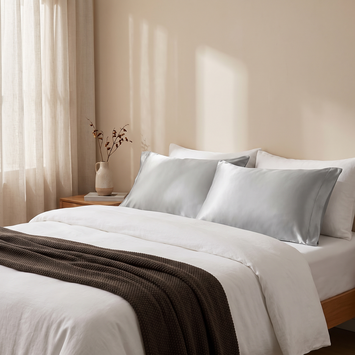 Satin pillowcase pair on made bed, morning light