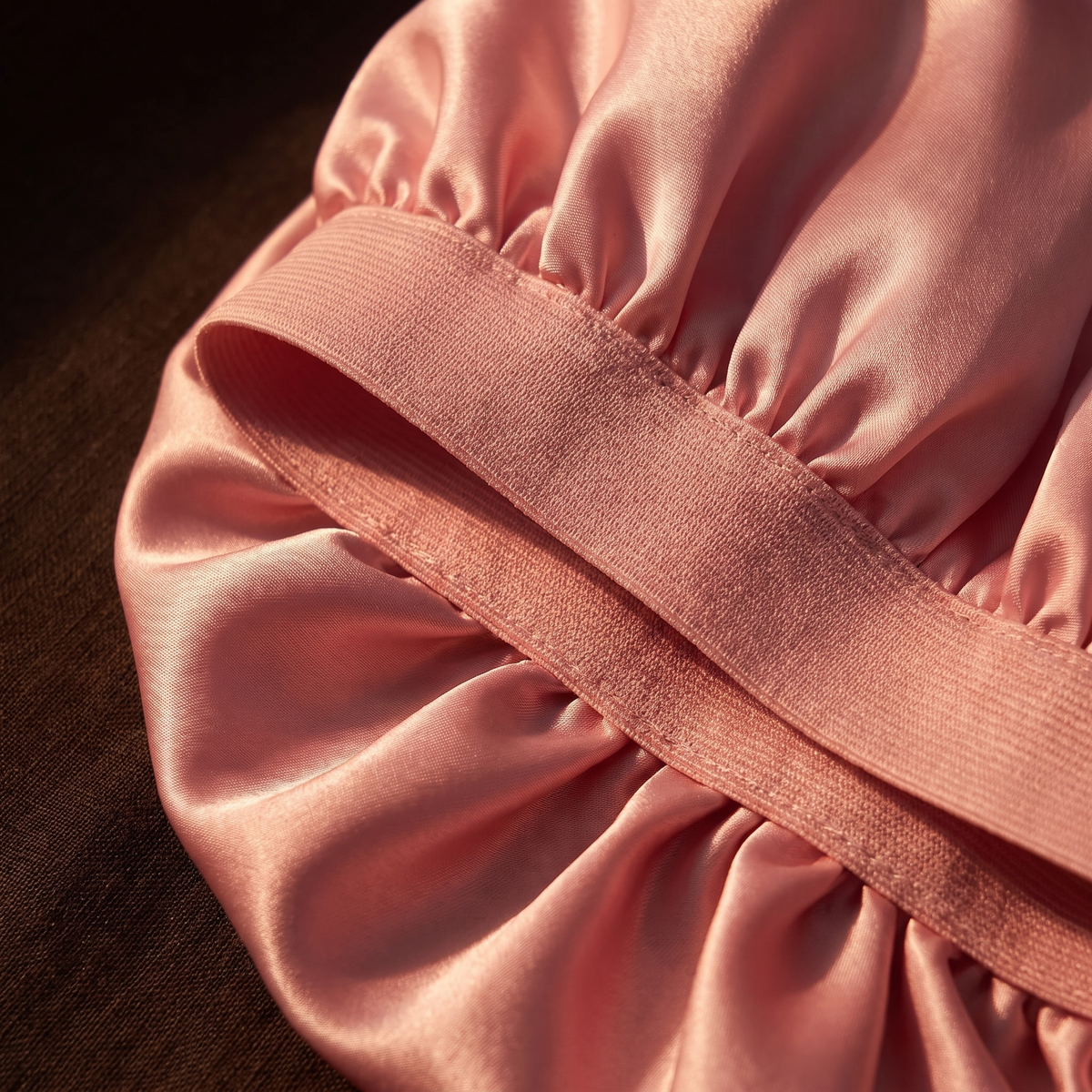Elastic band and satin lining macro detail, sleep bonnet