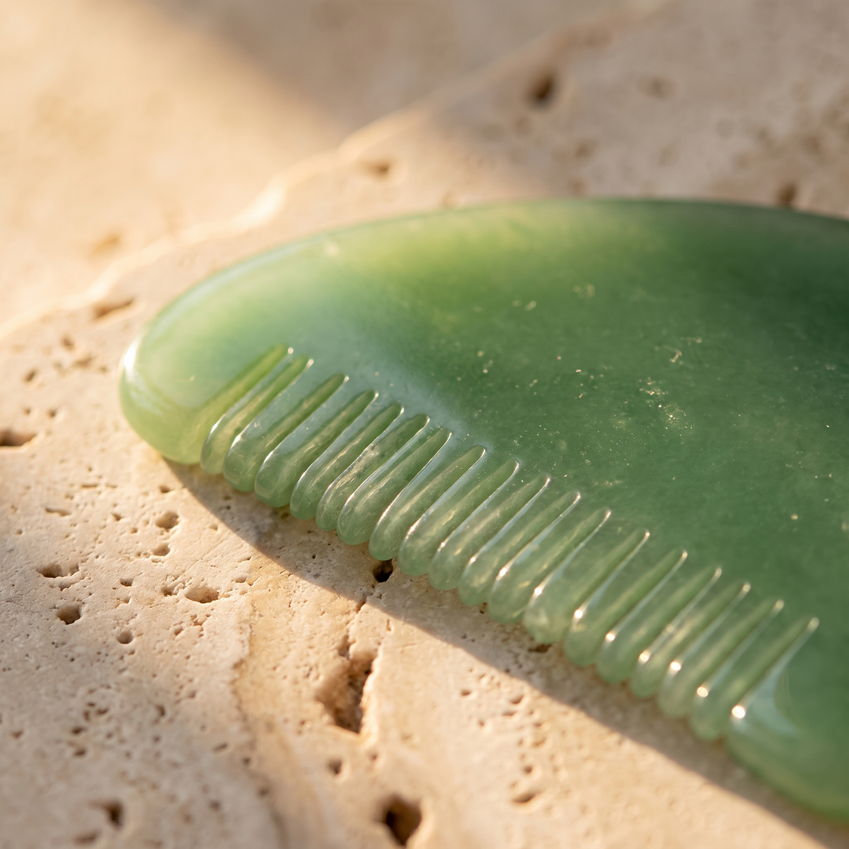 Comb edge macro detail, green resin gua sha board