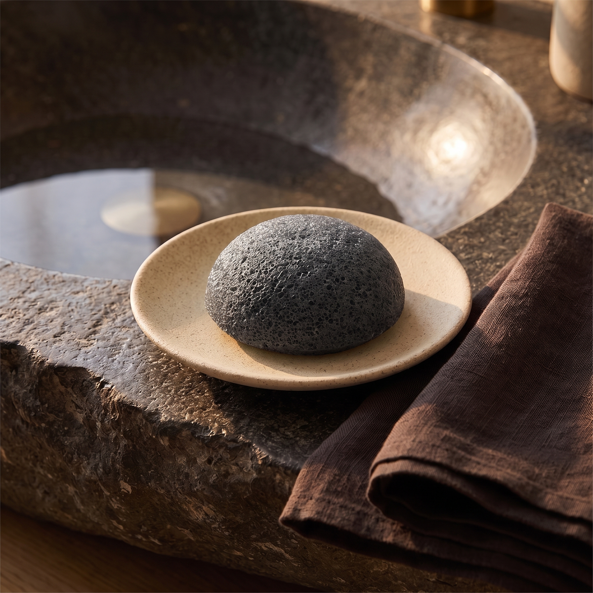 Black charcoal konjac sponge on a dish at a stone washbasin