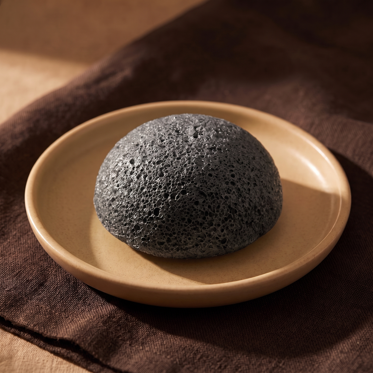 Black charcoal konjac cleansing sponge on a sand ceramic dish, warm spa light