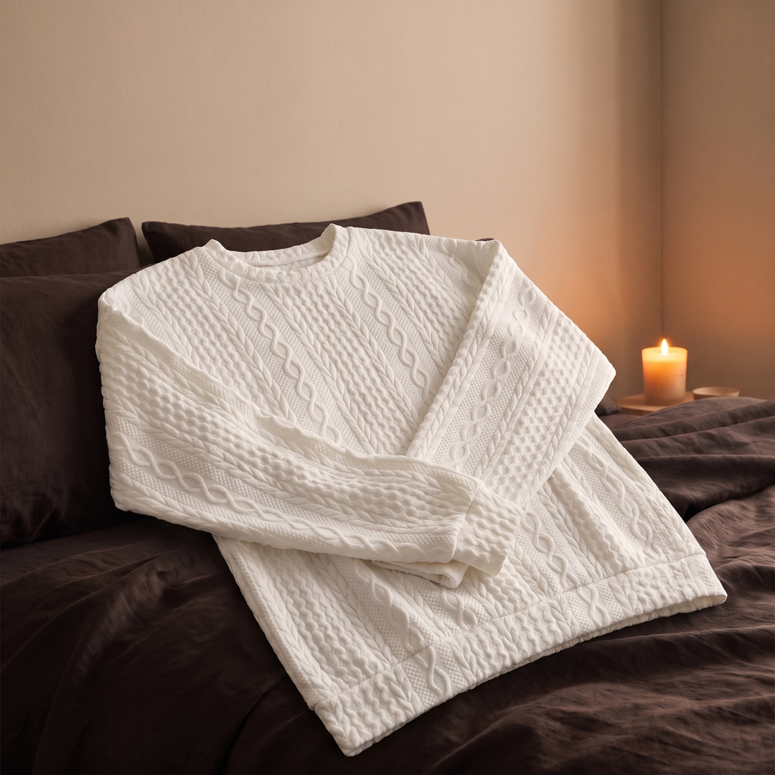 White cable-knit oversized sweatshirt on a bed with brown linen, candlelight