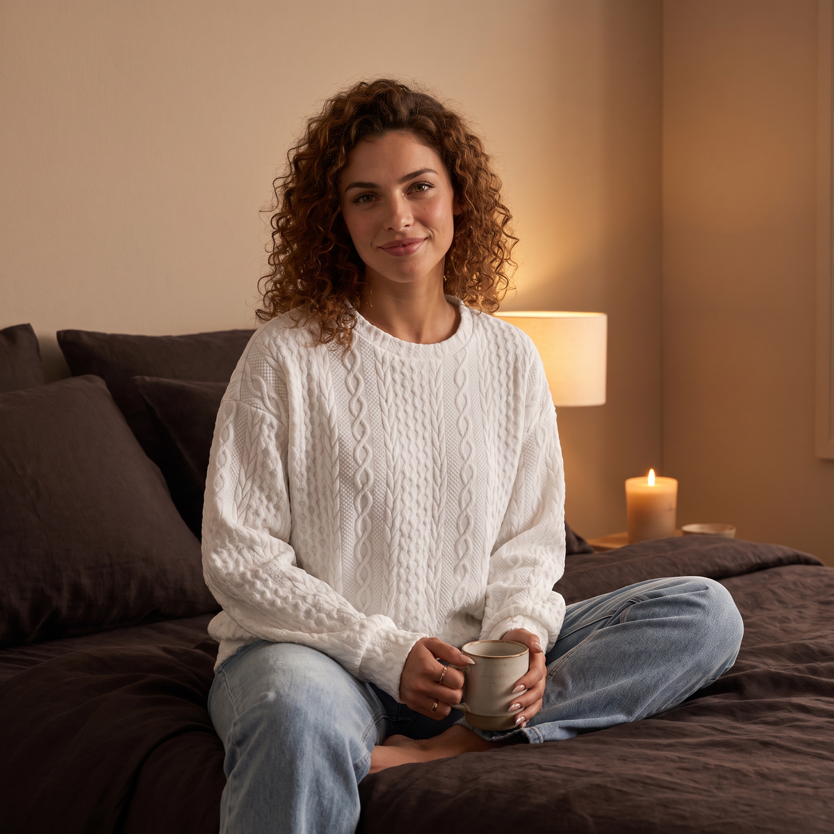 Woman in the white cable-knit oversized sweatshirt sitting on a bed with a mug, evening light