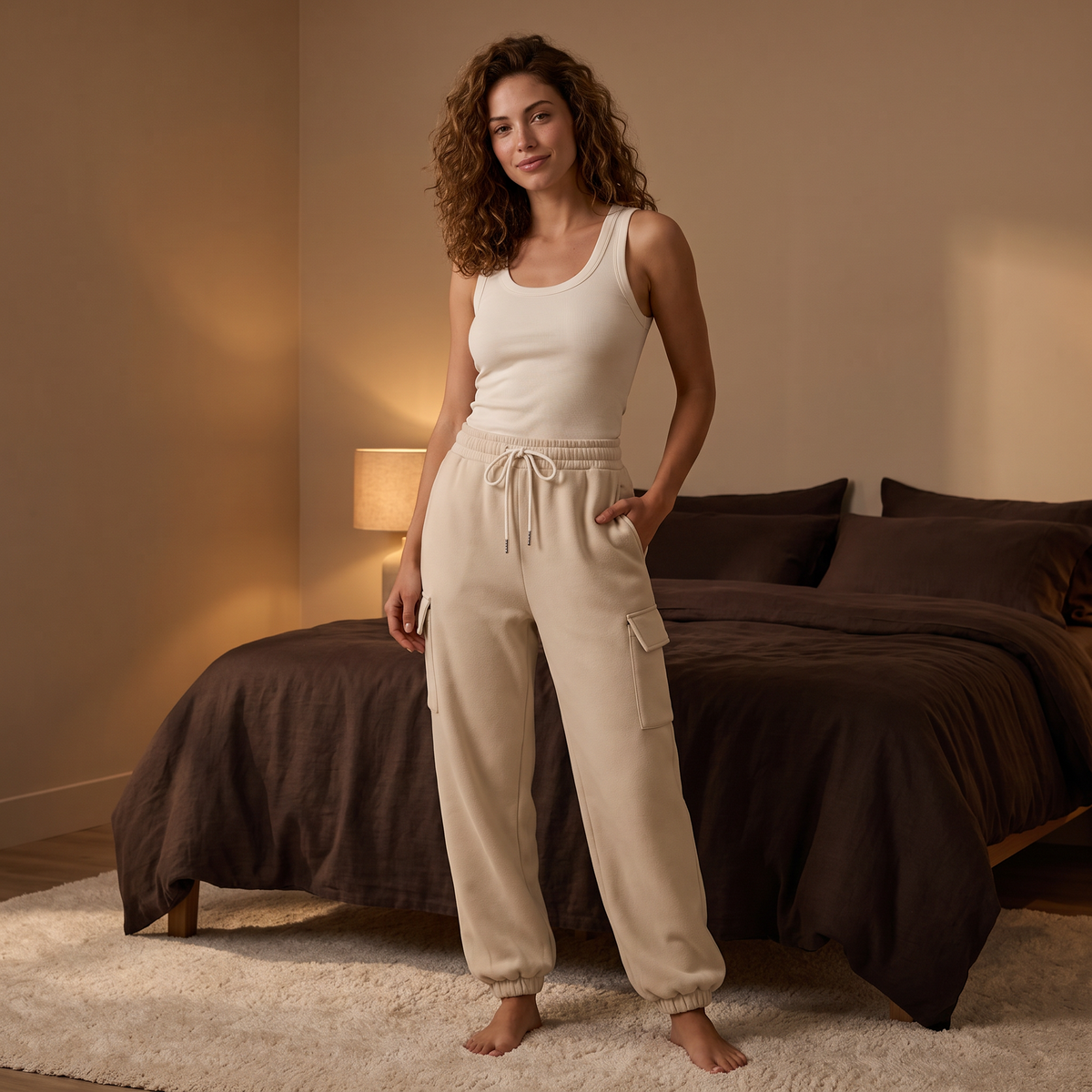 Woman wearing the beige fleece-lined lounge joggers with a cream tank top at home in the evening