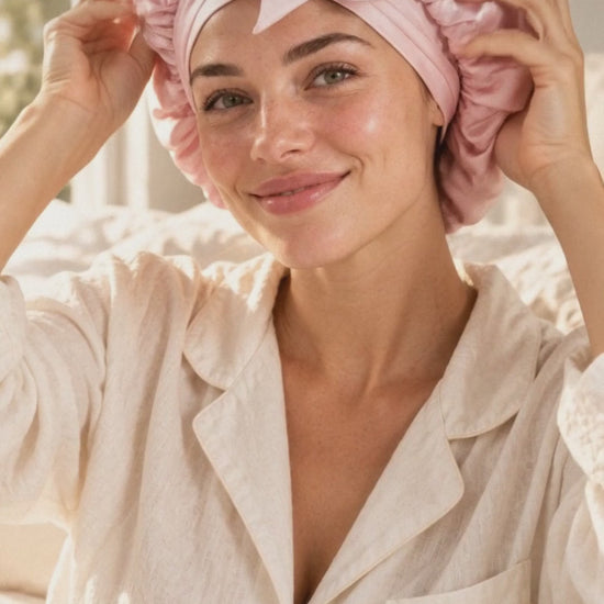 Woman in cream pajamas putting on the pink satin sleep bonnet, sleeping in it on a satin pillow, then waking up with her curls in place