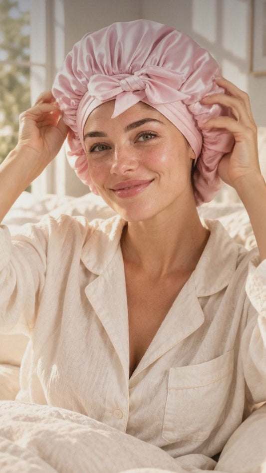 Woman in cream pajamas putting on the pink satin sleep bonnet, sleeping in it on a satin pillow, then waking up with her curls in place