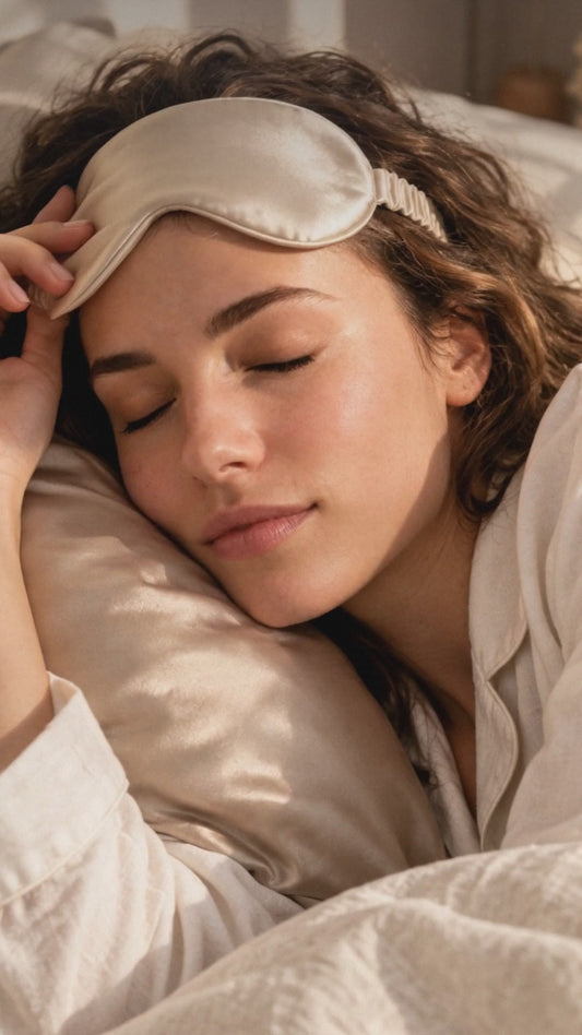 Woman in cream pajamas wearing the champagne satin eye mask, twist headband and scrunchie in bed, sleeping on the satin pillowcase, then the four pieces laid flat
